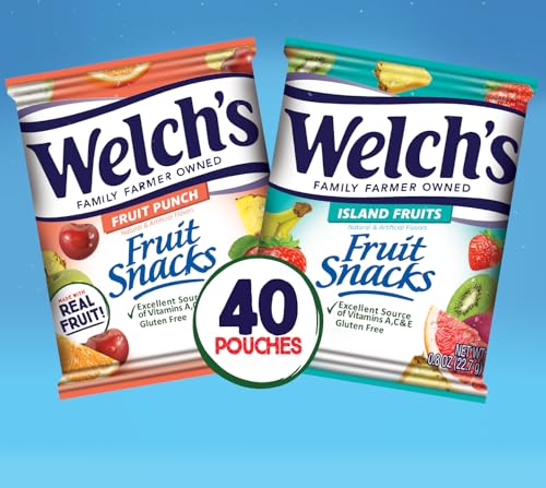 Welch's Fruit Snacks, Fruit Punch & Island Fruits, Individual Single Serve 0.8 oz bags (Pack of 40)