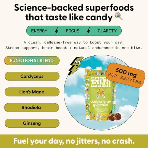 SuperMush Energy Mushroom Gummies - Organic Lions Mane Supplement with Cordyceps, Rhodiola, L-Theanine, Maca - Vegan & Sugar-Free - Energy, Focus, Stamina, Stress Reduction - 60 Gummies (30 Servings)