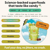 Thumbnail for SuperMush Energy Mushroom Gummies - Organic Lions Mane Supplement with Cordyceps, Rhodiola, L-Theanine, Maca - Vegan & Sugar-Free - Energy, Focus, Stamina, Stress Reduction - 60 Gummies (30 Servings)