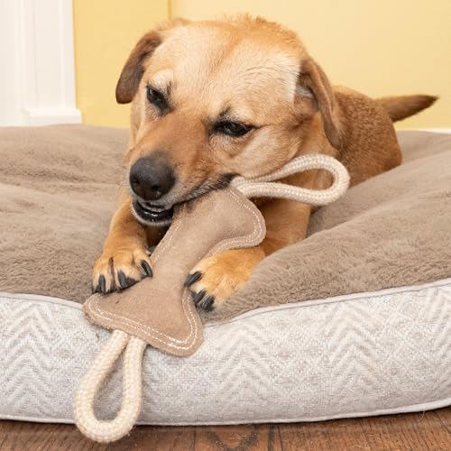 SPOT Dura-Fused Leather Bone Tug Dog Toy – Durable Real Leather & Jute Chew Toy with Double Rope Handles & Squeaker, For Moderate Chewers, 18in