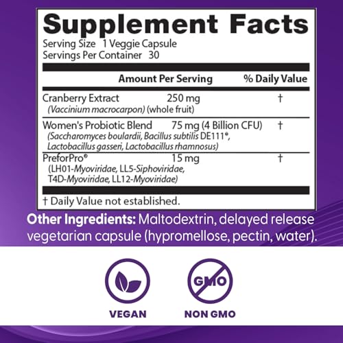 Doctor's BEST Womens Digestive Probiotic Prebiotic with Cranberry and PreforPro (4 Billion CFU), Supports Urinary Tract, Non-GMO, Vegan 30 Veggie Caps
