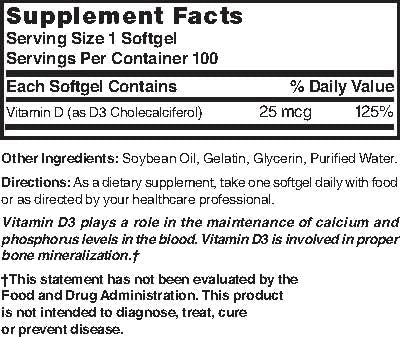 Nature's Blend Vitamin D3 25 MCG (1000 IU) Easy-to-Swallow, 100 SOFTGELS