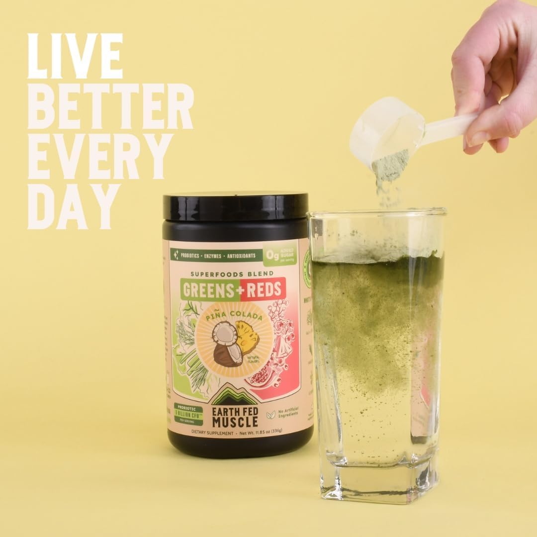 Earth Fed Muscle Superfoods Blend Reds & Greens Powder, PiÃ±a Colada Flavor, Juice & Smoothie Mix with Organic Kale, Spirulina, Wheat Grass - Detox & Cleanse, No Added Sugar - Non-GMO - 30 Servings