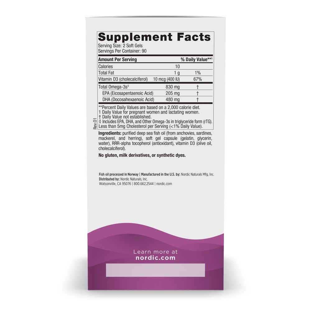 Nordic Naturals Prenatal DHA, Unflavored - 180 Soft Gels - 830 mg Omega-3 + 400 IU Vitamin D3 - Supports Brain Development in Babies During Pregnancy & Lactation - Non-GMO - 90 Servings