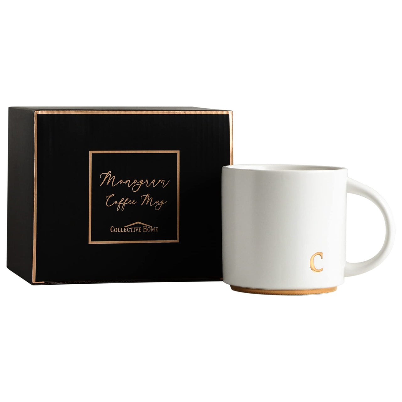COLLECTIVE HOME - Monogram Ceramic Mugs, 15 oz Golden Initial Coffee Cups, Elegant Alphabet Tea Mugs, Elegant Personalized Mug with Gift Box, Luxurious Cups for Office and Home (c)