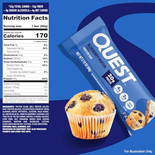 Quest Nutrition Blueberry Muffin Protein Bars, 20g Protein, 2g Sugar, 5g Net Carb, High Fiber, Gluten Free, Keto Friendly, 12 Count