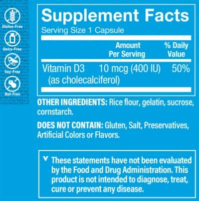 The Vitamin Shoppe Dry Vitamin D3 400IU, Supports Bone Immune Health, Aids in Cellular Growth Calcium Absorption, Gluten Free Once Daily Formula (300 Capsules)