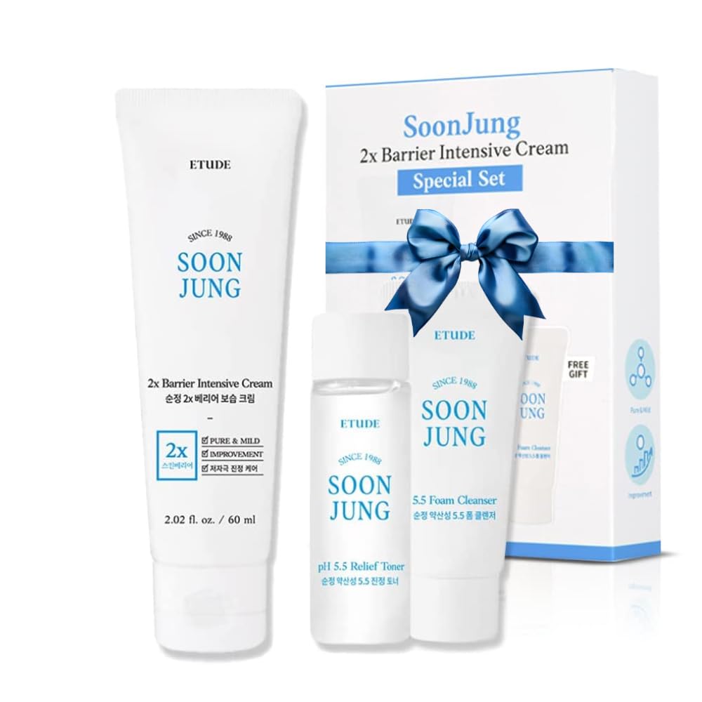 ETUDE SoonJung 2x Intensive Cream Best Trio Set for Barrier Repair | 2x Barrier Cream 2.02 Fl Oz + pH 5.5 Relief Toner 0.85 Fl Oz + Foam Cleanser 0.68 Fl Oz, Korean Skin Care
