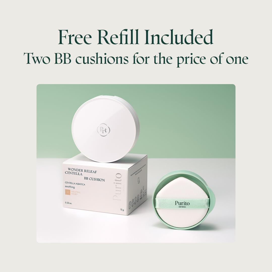PURITO SEOUL Wonder Releaf Centella BB Cushion #13 Neutral Ivory, Foundation, Korean Centella, Makeup Long Lasting, Flawless Coverage, K-Beauty, 15g, 0.52 fl.oz