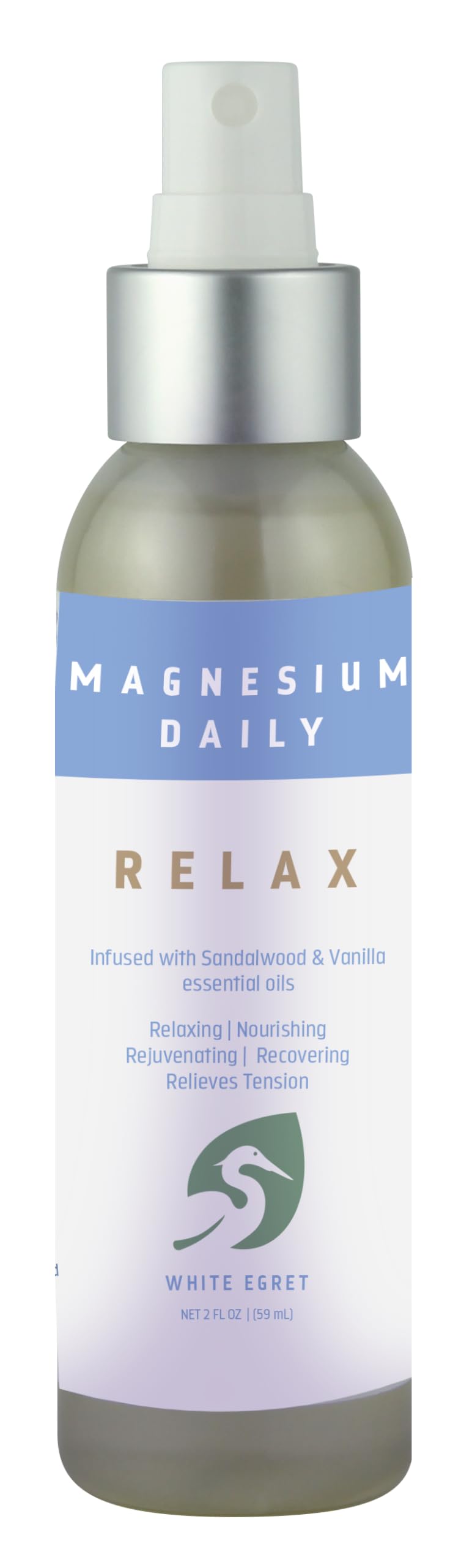 White Egret Magnesium Oil Spray Daily Relax with Sandalwood & Vanilla â€“ 2 fl oz â€“ Premium Relaxation & Recovery â€“ Deep Muscle Relief, Stress Support & Magnesium for Sleep, Tension & Skin Hydration