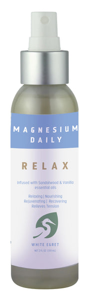 White Egret Magnesium Oil Spray Daily Relax with Sandalwood & Vanilla â€“ 2 fl oz â€“ Premium Relaxation & Recovery â€“ Deep Muscle Relief, Stress Support & Magnesium for Sleep, Tension & Skin Hydration