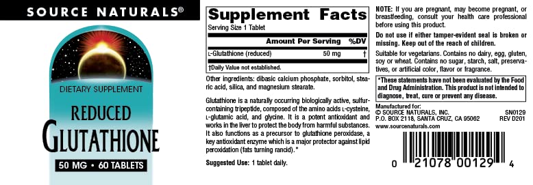 Source Naturals Reduced Glutathione, Supplement for Liver Support* - 50mg - 60 Tablets