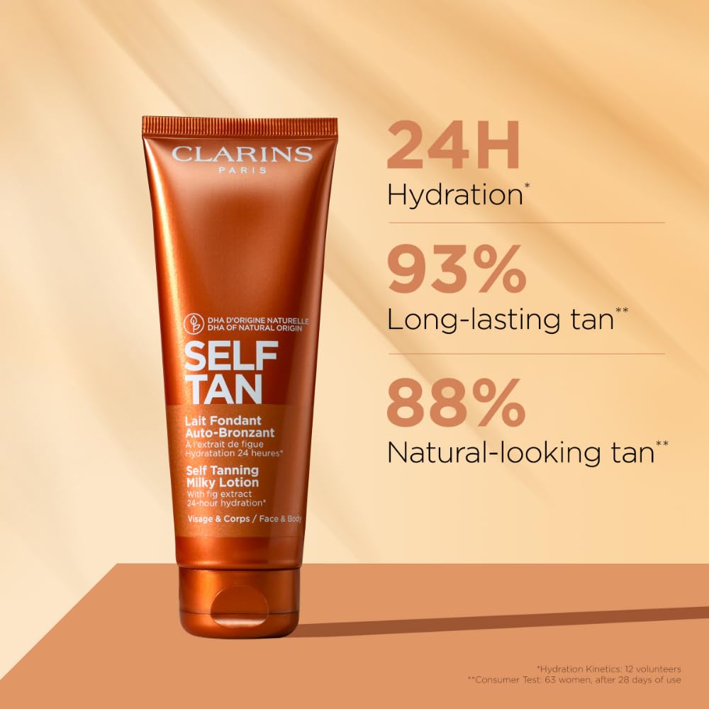 Clarins Self Tanning Milky Lotion | Self Tanner For Face and Body | Natural, Long-Lasting, Streak-Free, Sun-Kissed Glow and 24-Hour Hydration* | Non-Staining | Contains Glycerin | 4.2 Ounces