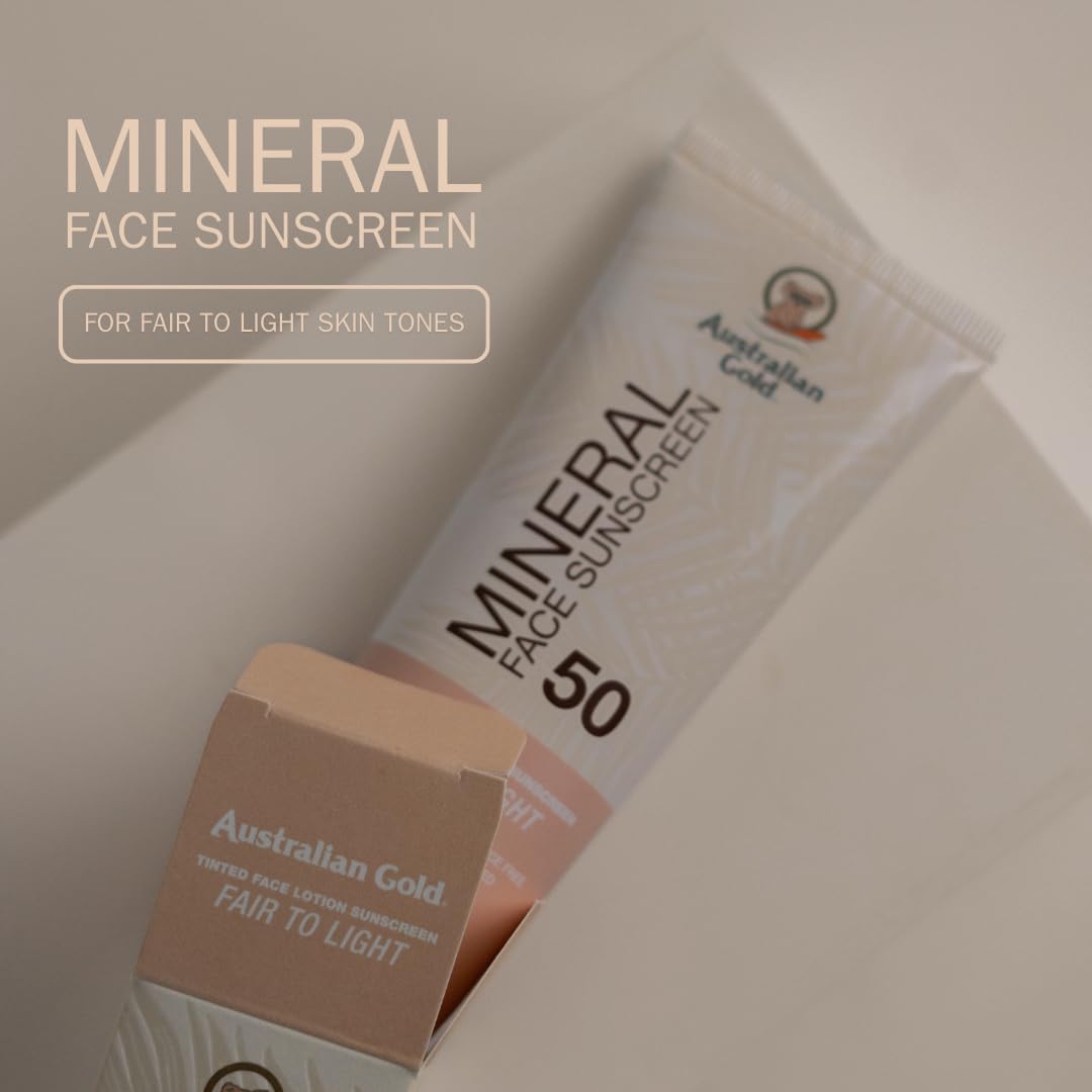Australian Gold SPF 50 Tinted Mineral Face Sunscreen, Fair to Light, 2.5 fl oz, Broad Spectrum, Non-Greasy BB Cream with Blue Light & Sun Protection, 4% Zinc Oxide & Titanium Dioxide, Hypoallergenic
