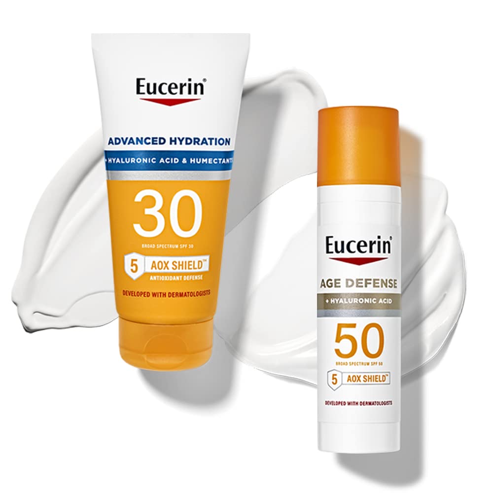 Eucerin Sun Advanced Hydration SPF 30 Sunscreen Lotion (5 Fl Oz) + Eucerin Sun Age Defense Face Sunscreen Lotion SPF 50 (2.5 Fl Oz), Sun Protection with Hyaluronic Acid