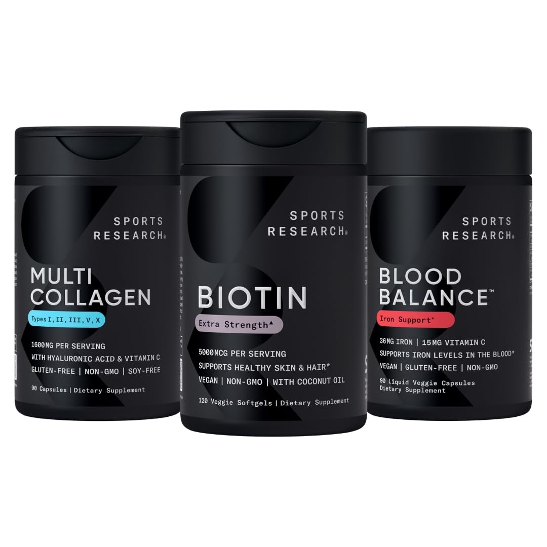 Sports Research® Healthy Hair Pack - Biotin 5,000mcg with Organic Coconut Oil + Multi Collagen Pills Enhanced with Hyaluronic Acid & Vitamin C + Blood Balance Iron Supplement - 36 MG Iron + Folate