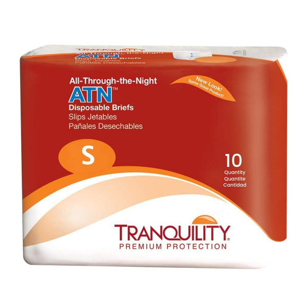 Tranquility Premium ATN Disposable Briefs with Tabs, Overnight Protection Superabsorbent Core for Leak-Free and Full-Fit Comfort, Small 10ct Bag