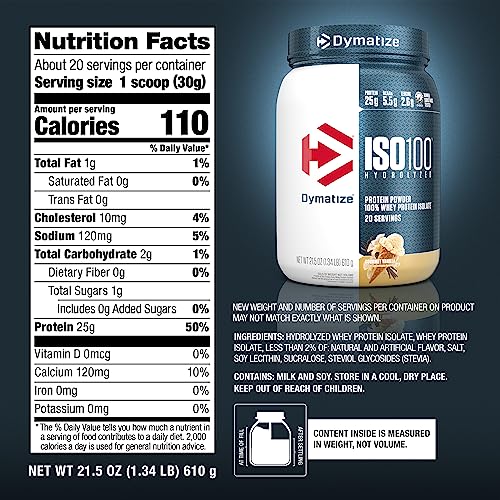 Dymatize ISO100 Whey Protein Powder Isolate, Gourmet Vanilla, 25g of Protein, 5.5g BCAAs, Less Than 120 Cal., Gluten Free, 1g Fat, 1g Sugar, 2g Carb (20 Servings)