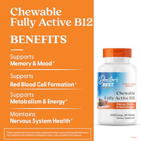 Thumbnail for Doctor's Best Chewable Fully Active Methyl B12, Methylcobalamin, Energy, Memory, & Mood Support, Non-GMO, Gluten Free, Soy Free, Vegan 60 Tablets