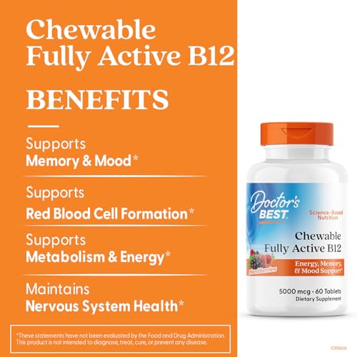 Doctors Best Chewable Fully Active Methyl B12, Methylcobalamin, Energy, Memory, & Mood Support, Non-GMO, Gluten Free, Soy Free, Vegan 60 Tablets