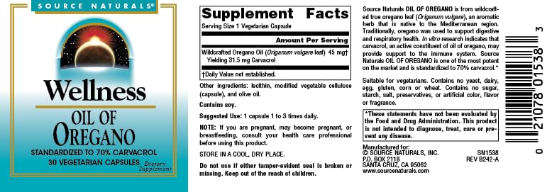 Source Naturals Wellness Oil of Oregano - Standardized to 70% Carvacrol - 30 Vegetarian Capsules