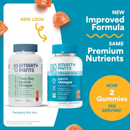 SmartyPants Teen Guy Multivitamin Gummies, Omega 3 (DHA/EPA), Vitamin D3, C, Vitamin B12, B6, A, K & Zinc, Folate, Gluten Free, Fruit Flavor, 60 Count (30 Day Supply)
