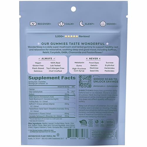 Plant People WonderSleep Mushroom Gummies Supplement for Sleep and Relaxation with Reishi Super Mushrooms, Wild Elderberry Flavor, No Sugar (60 Count)