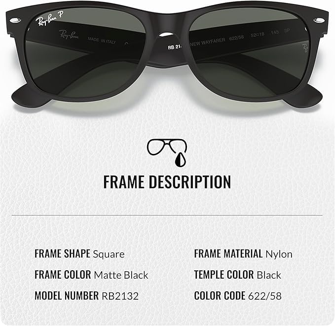 Ray-Ban RB2132 NEW WAYFARER CLASSIC POLARIZED Square Shaped Sunglasses for Men & Women – Includes Official Rayban Eyewear Kit – Ideal Formal & Casual Wear Sunglasses – Green Lens
