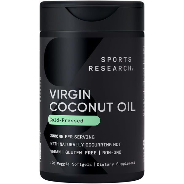 Sports Research® Organic Coconut Oil Capsules 3000MG - Cold Pressed Extra Virgin Coconut Oil with Medium Chain Triglycerides (MCTs) - Vegan Friendly & Non-GMO Verified - 120 Softgels