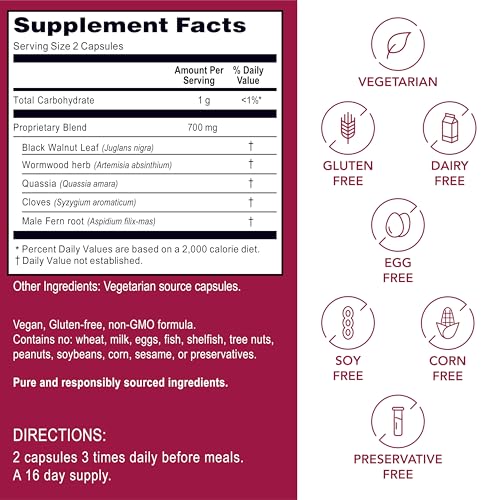 Kroeger Herb Products, Wormwood Herb, Black Walnut, Clove, Quassia, Worm Wood Detox Cleanse - Vegetarian Capsules, Non-GMO, Gluten Free, No Preservatives or Fillers - 100 Capsules, Made in USA