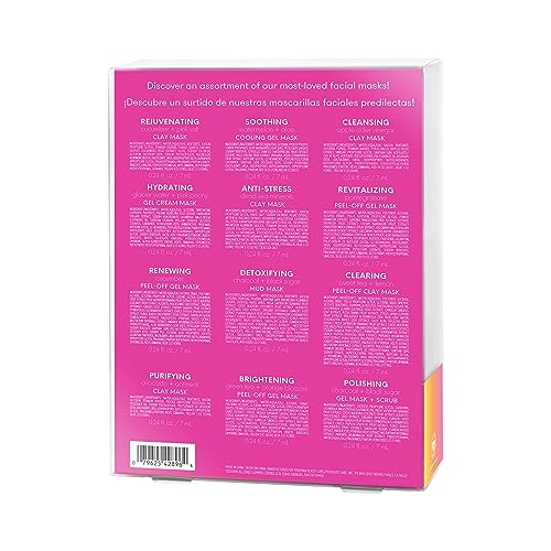Freeman Facial Love To Mask Variety Pack: Oil Absorbing Clay, Detoxifying Charcoal, Clearing Peel Off, Hydrating Gel Cream, Exfoliating Scrub (14 Piece Kit with Bonus Buffer and Headband)