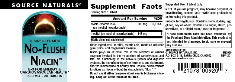 Source Naturals No-Flush Niacin, B-3 for Energy & Cardiovascular Health* 500 mg - 30 Tablets