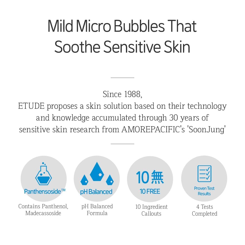 ETUDE pure calming cushion bubble Cleanser, Lightweight Hydrating Facial Wash for Sensitive & Acne-Prone Skin, Non-Comedogenic, Fragrance Free, Low pH Balanced, Korean Face Wash, 5.06 fl oz
