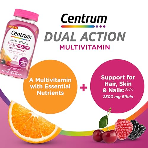Centrum MultiGummies Multi+ Beauty Dual Action Multivitamin, Specially Designed with Biotin for Healthy Hair, Skin and Nails, Cherry/Berry/Orange Flavors - 100 Count