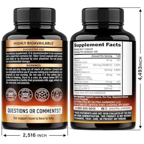 Vitamin D3 K2 - Vitamin D3 10000 iu & K2 as MK-7 120 mcg - Immune & Mood Support, for Bone & Teeth Health - with Magnesium, Zinc & Vitamin C & B12 - Highly Bioavailable - Made in USA, 120 Capsules