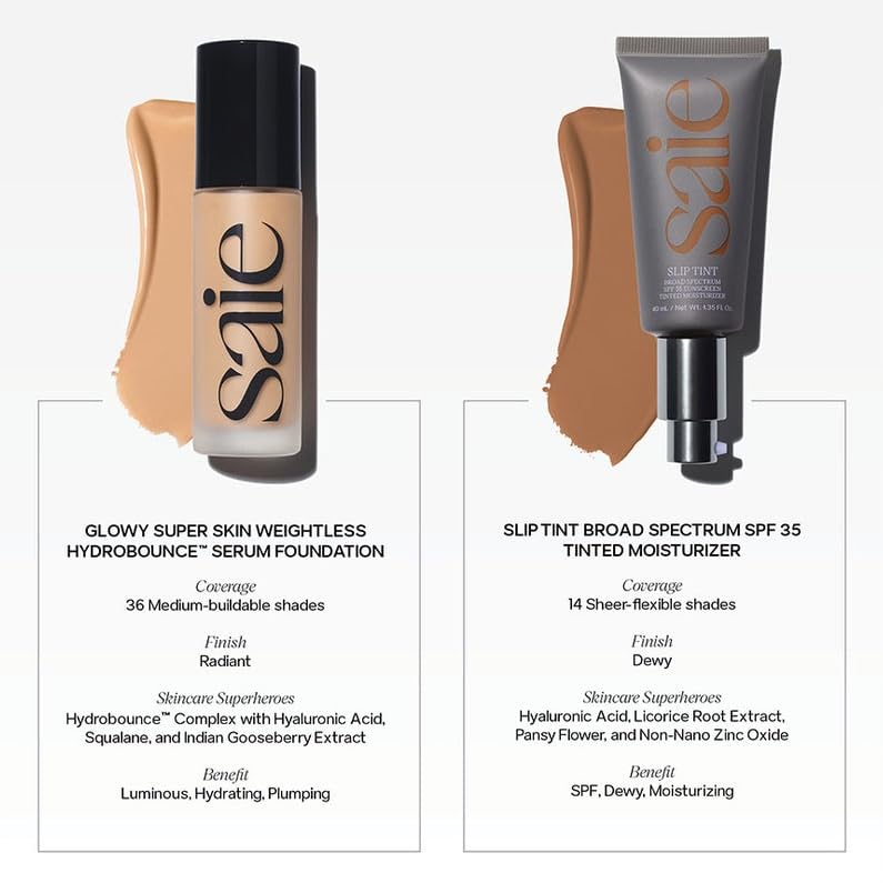Saie Slip Tint Tinted Moisturizer with SPF 35 - Light Coverage, Glowy Skin Tint & Mineral Sunscreen for Face with Hydrating Hyaluronic Acid - Summer Makeup Essential - Shade Three + Half (1.35 oz)