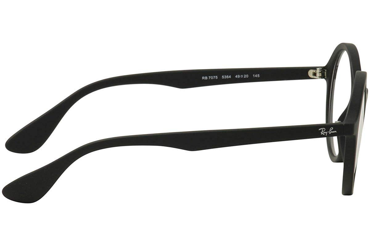 Ray-Ban RX7075 Round Prescription Eyeglass Frames, Rubber Black & Black/Demo Lens, 49 mm