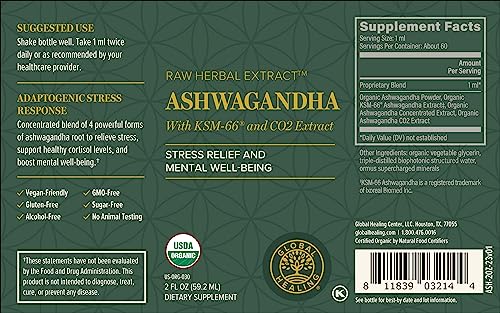 Global Healing Center - Organic Ashwagandha Supplements Drops - KSM-66 Ashwagandha Extra Strength for Men & Women, Helps Promote Relief from Stress, Mood Support, Organic (2 Fl Oz)
