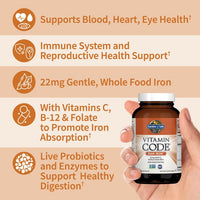 Thumbnail for Garden of Life Vitamin Code Raw Iron Supplement - 30 Vegan Capsules, 22mg Once Daily Iron, Vitamins C, B12, Folate, Fruit, Veggies & Probiotics, Iron Supplements for Women, Energy & Anemia Support