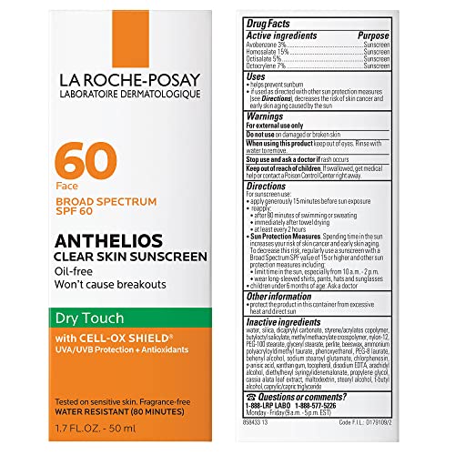 La Roche-Posay Anthelios Clear Skin Sunscreen Dry Touch SPF 60, Oil Free Sunscreen For Face, Oil Absorbing, Broad Spectrum SPF + Antioxidants, Non-Greasy, Oxybenzone Free, Travel Size