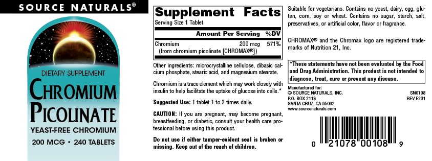 Source Naturals Chromium Picolinate 200 Mcg Tablet, 240 Count