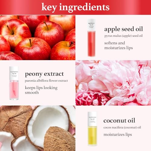 NOONI Korean Vegan Appleseed Lip Oil Gift Set - Limited Edition | Long-Lasting, Moisturizing, Plumping, Revitalizing for Dry Lips, Waterproof, No Peel Off, Hydrating, 0.12 Oz x 3ea