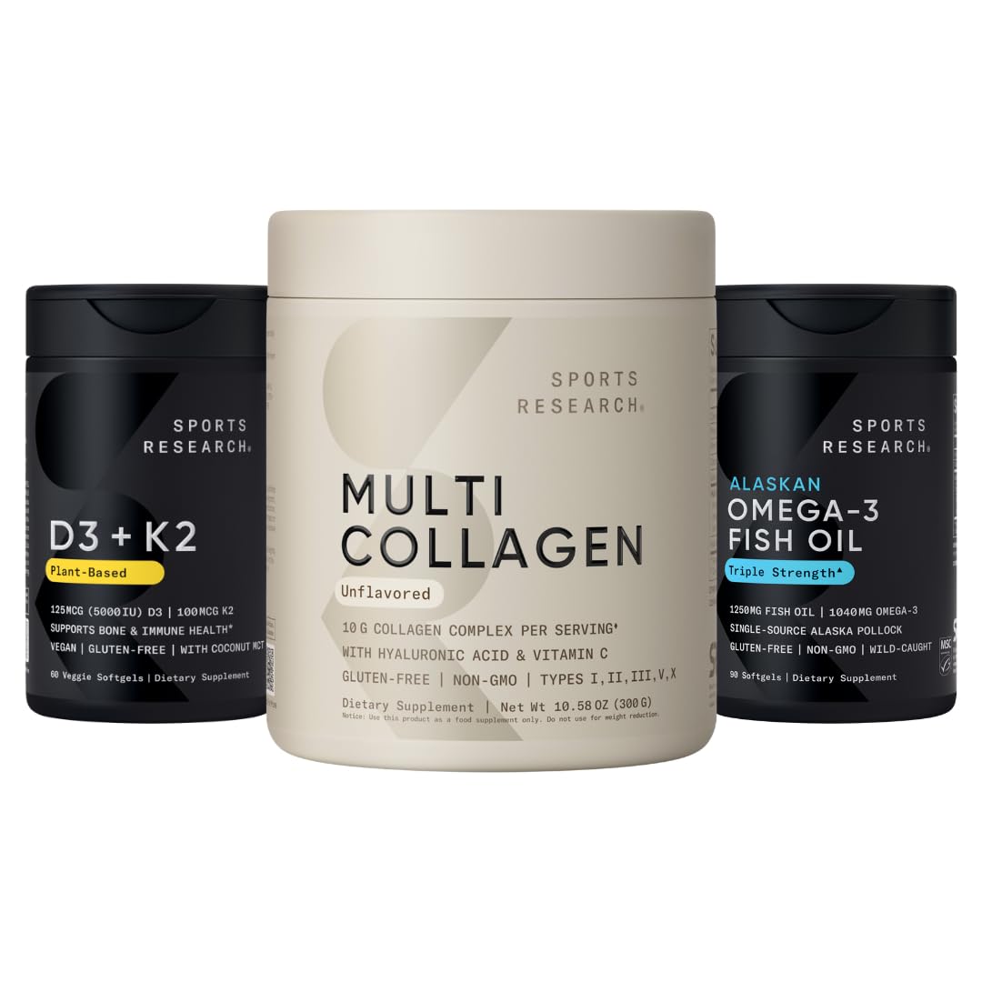 Sports Research® Multivitamin Pack - Multi Collagen Protein Powder, Vitamin D3 5000iu + K2 100mcg, and Alaskan Omega-3 Fish Oil 1250mg