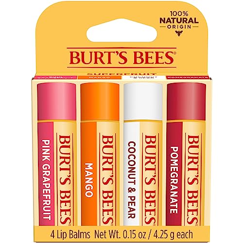 Burt's Bees Lip Balm - Pink Grapefruit, Mango, Coconut & Pear, and Pomegranate Pack, Lip Moisturizer With Beeswax, Tint-Free, Natural Origin Conditioning Treatment, 4 Tubes, 0.15 oz.