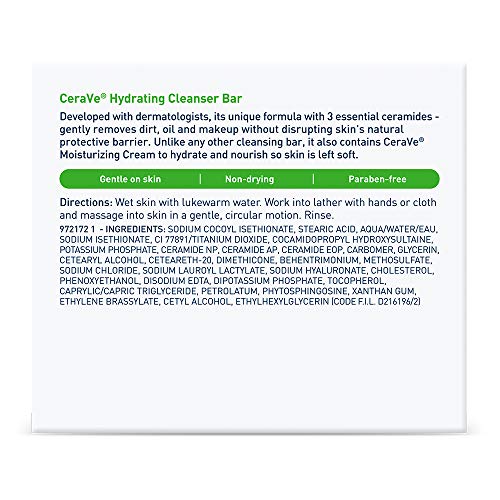 CeraVe Hydrating Cleanser Bar, Soap-Free Body and Facial Cleanser with 5% Cerave Moisturizing Cream, Fragrance-Free, 2-Pack, 4.5 Ounce Each