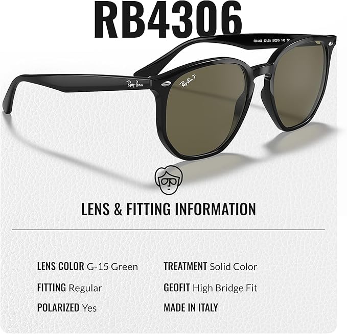Ray-Ban RB4306 POLARIZED Square-Round Shaped Sunglasses for Men & Women – Includes Official Rayban Eyewear Kit – Ideal Formal & Casual Wear Sunglasses – G-15 Green Lens