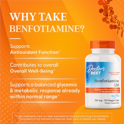 Doctor's BEST Benfotiamine 150mg Supplement - Bioavailable Vitamin B1 for Men & Women, Benfotiamine B1 Capsules, Supports Nerve & Metabolic Health, Antioxidant Support, Non GMO - 120 Veggie Caps