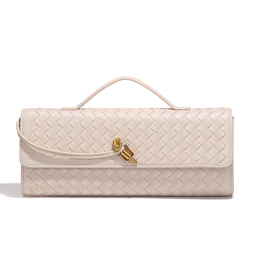 Covelin Women's Handmade Woven Evening Bag Leather Shoulder Clutch Handbag Fashion Crossbody Purse Beige
