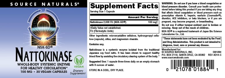 Source Naturals NSK-SD Nattokinase, Whole Body Sytemic Enzyme for Healthy Circulation*, 100mg, 30 Vegan Capsules