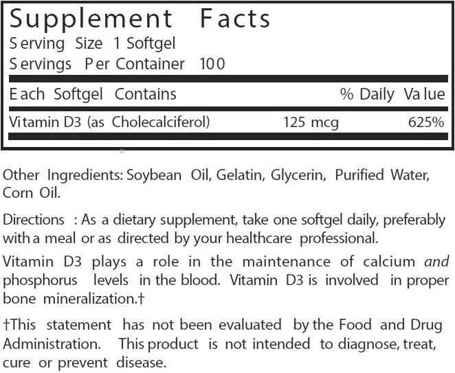 Nature's Blend Vitamin D3 125 MCG (5000 IU) Easy-to-Swallow, 100 SOFTGELS